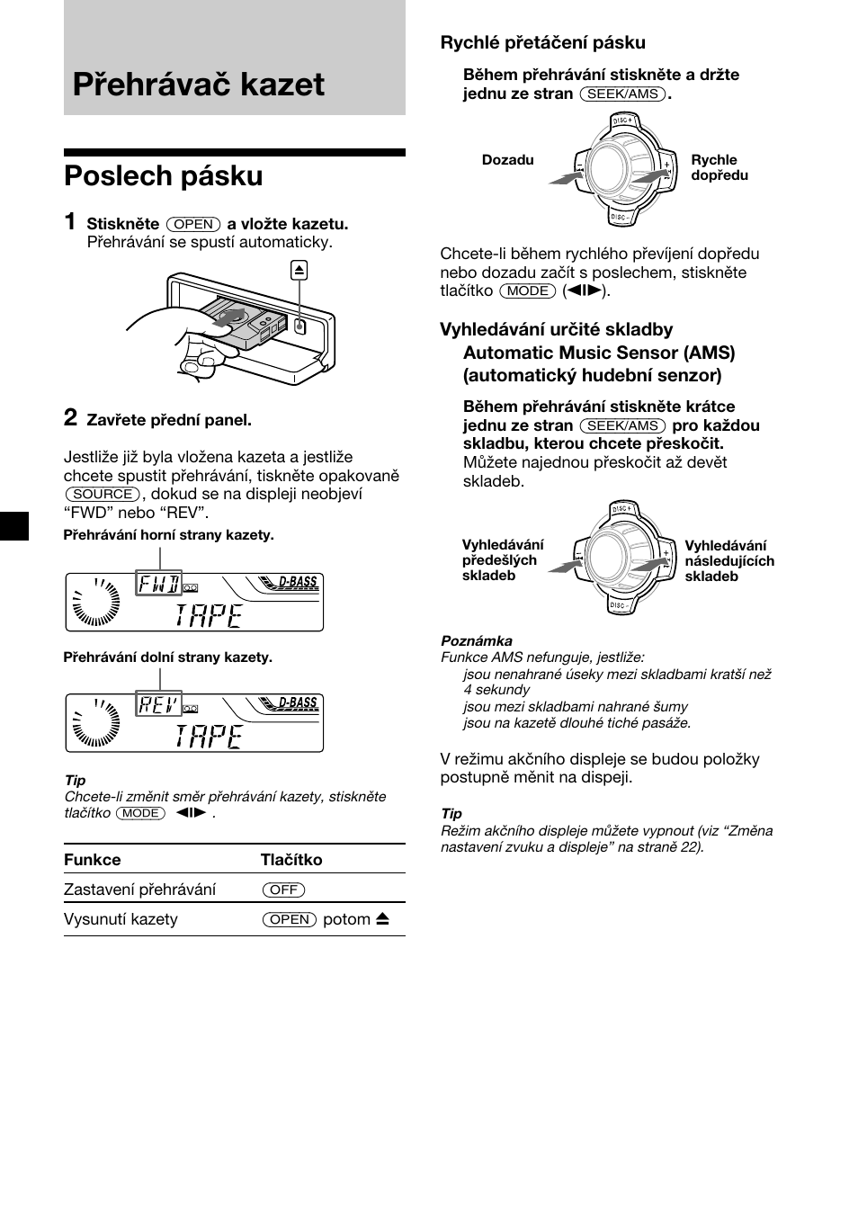 Přehrávač kazet, Poslech pásku | Sony XR-4200R User Manual | Page 40 / 152