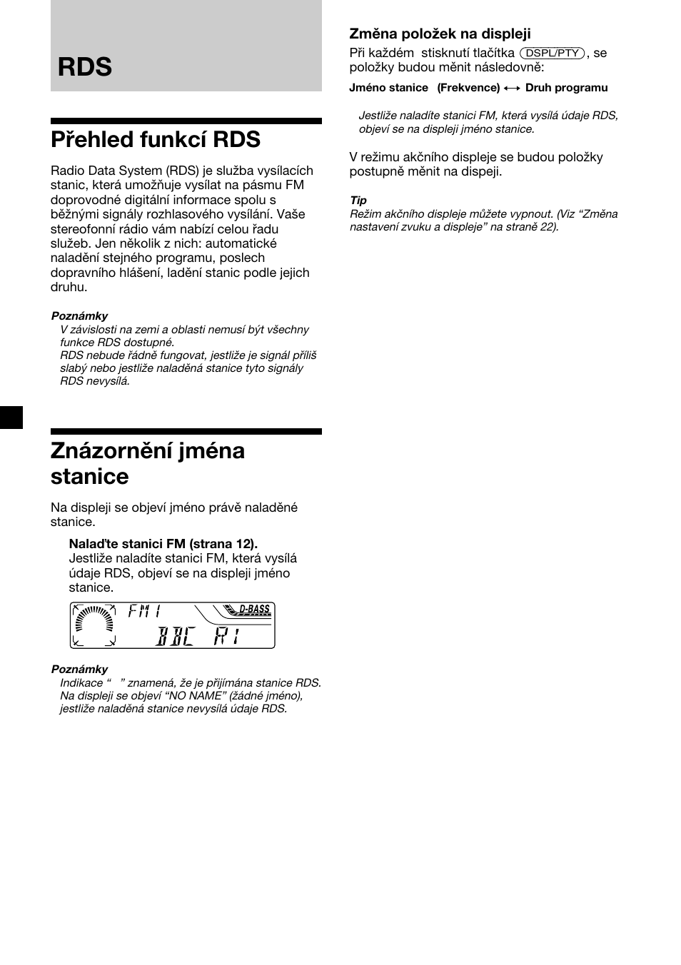 Přehled funkcí rds, Znázornění jména stanice | Sony XR-4200R User Manual | Page 44 / 152