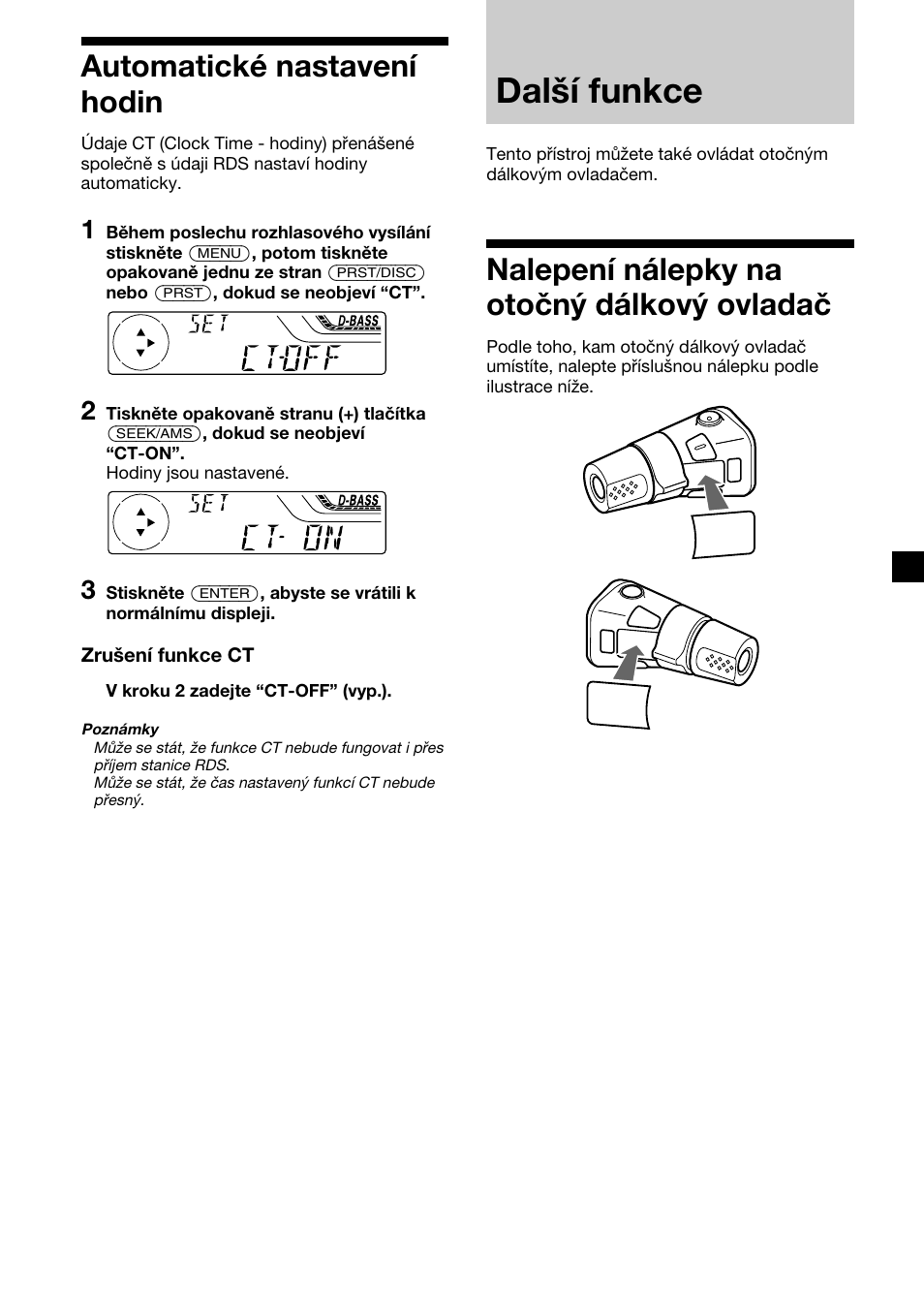 Další funkce, Nalepení nálepky na otočný dálkový ovladač, Automatické nastavení hodin | Sony XR-4200R User Manual | Page 49 / 152