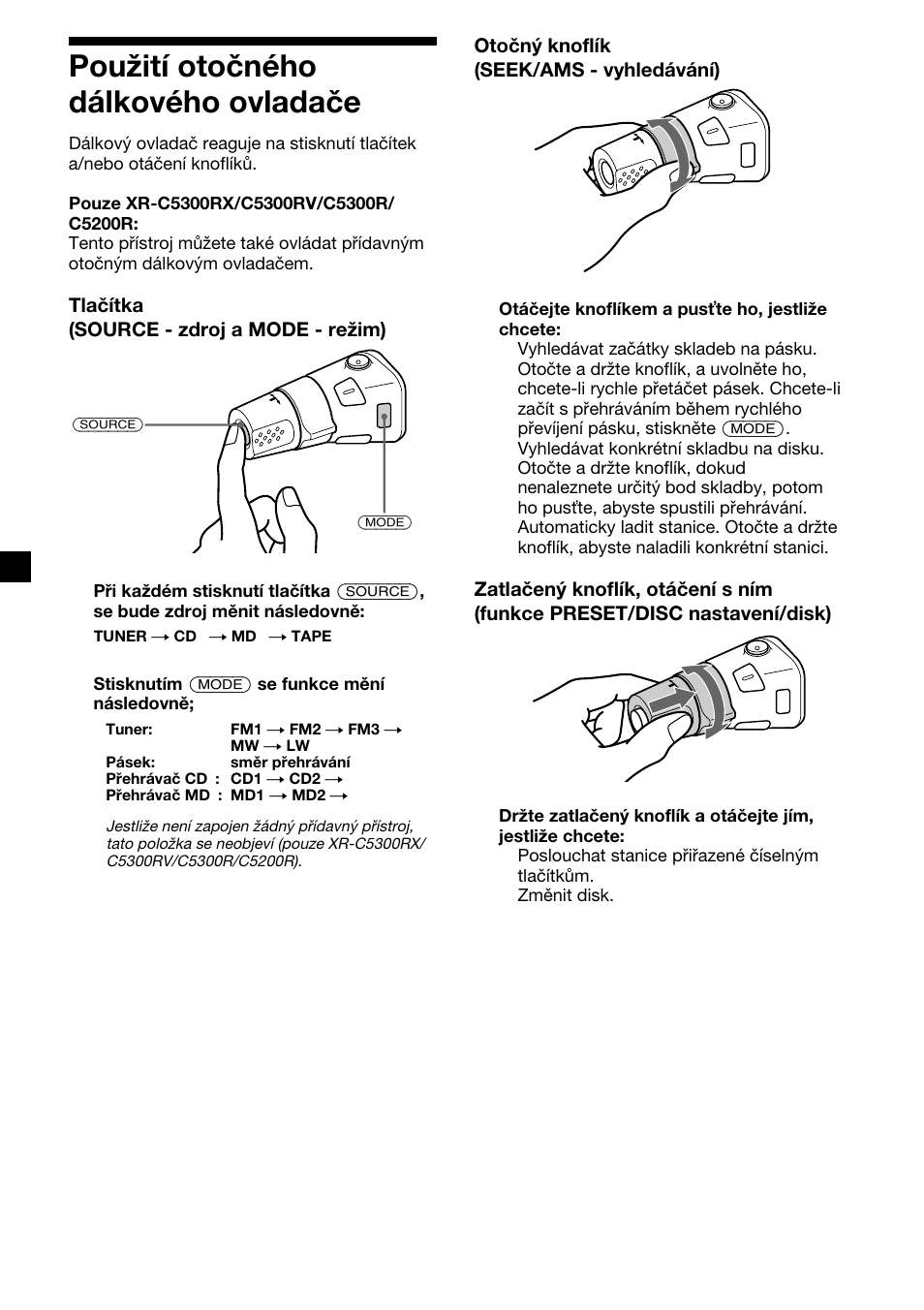 20 použití otočného dálkového ovladače | Sony XR-4200R User Manual | Page 50 / 152