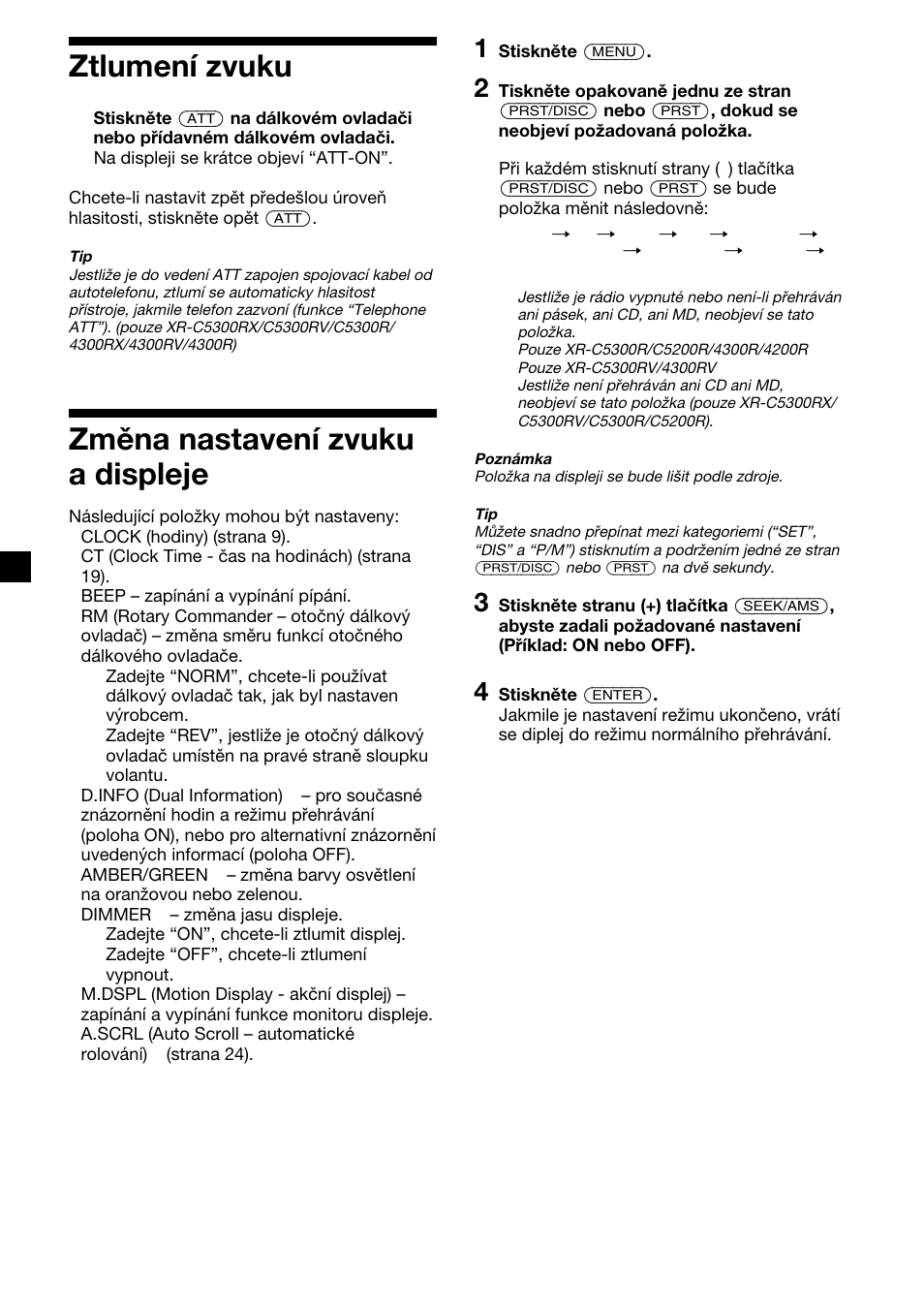 Ztlumení zvuku, Změna nastavení zvuku a displeje | Sony XR-4200R User Manual | Page 52 / 152