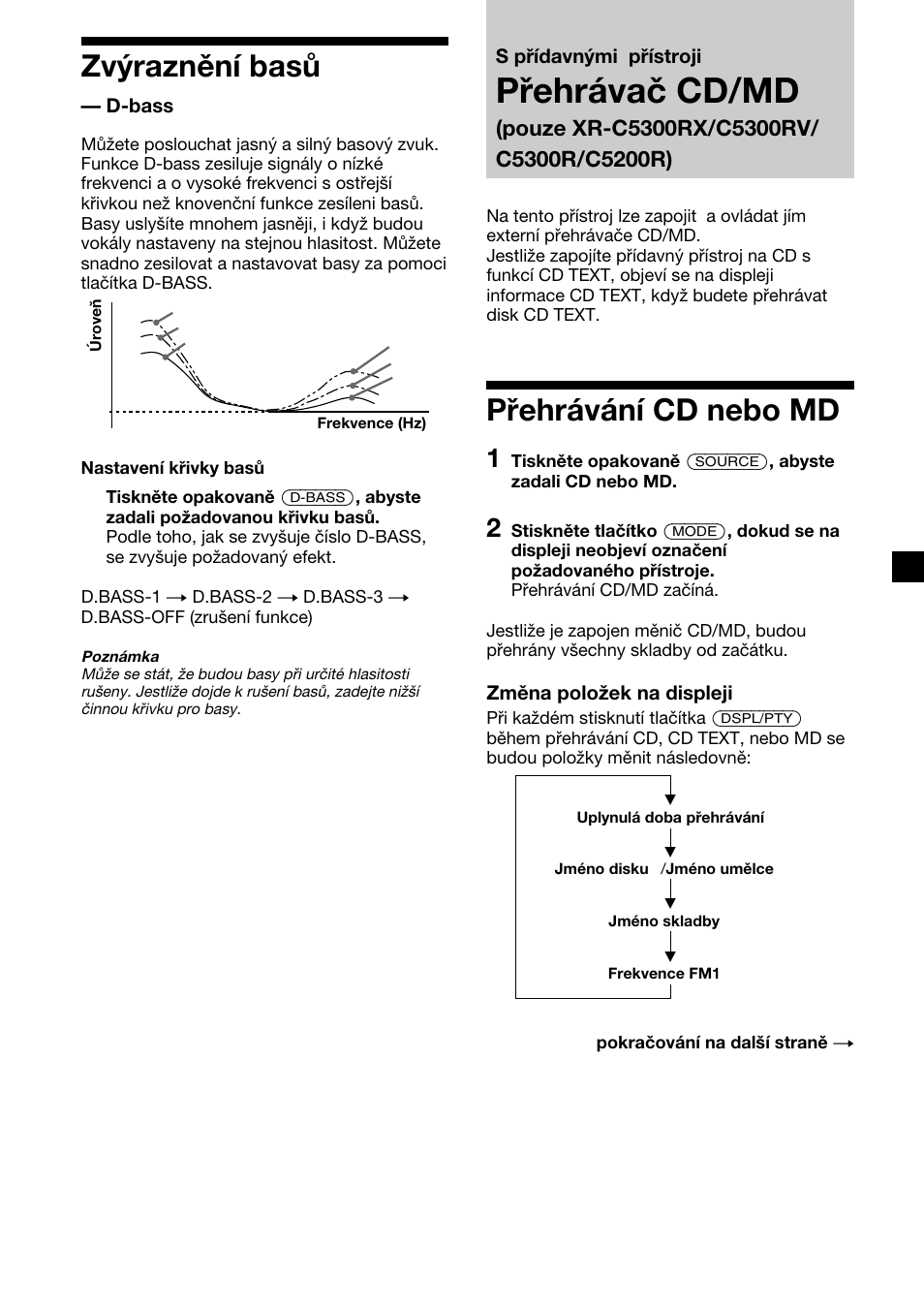 Přehrávač cd/md, Přehrávání cd nebo md, Zvýraznění basů | Sony XR-4200R User Manual | Page 53 / 152