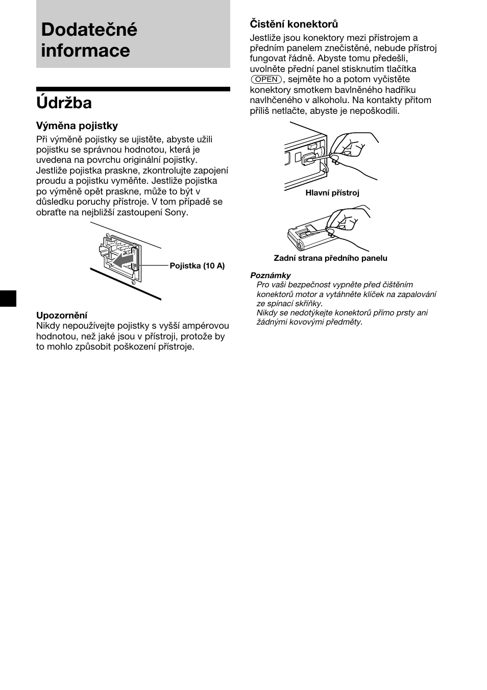 Dodatečné informace, Údržba | Sony XR-4200R User Manual | Page 56 / 152