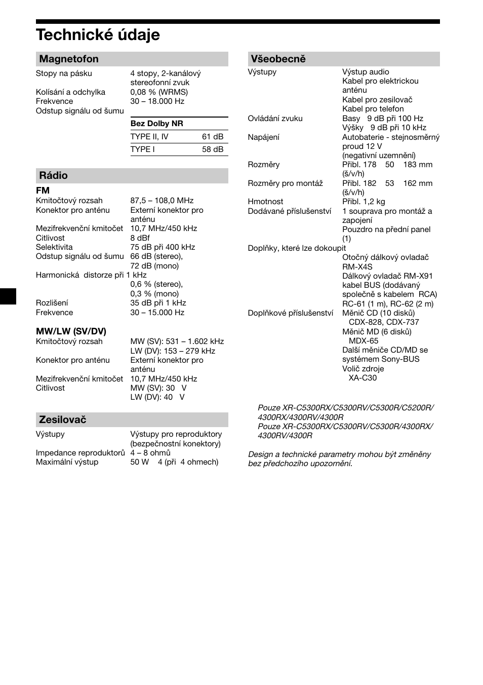 28 technické údaje, Magnetofon, Rádio | Zesilovač, Všeobecně | Sony XR-4200R User Manual | Page 58 / 152