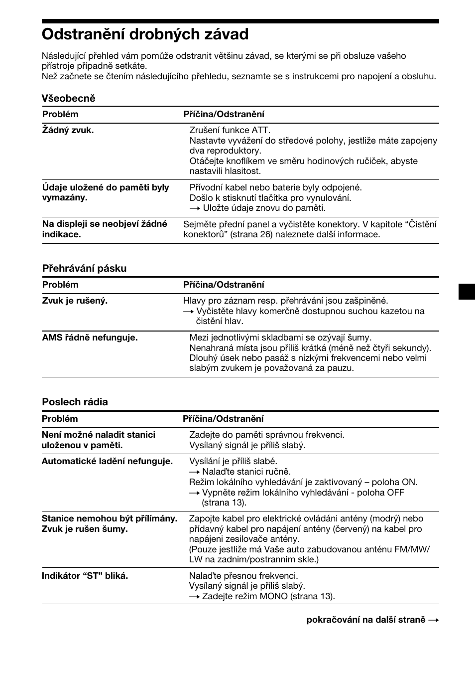 Odstranění drobných závad | Sony XR-4200R User Manual | Page 59 / 152