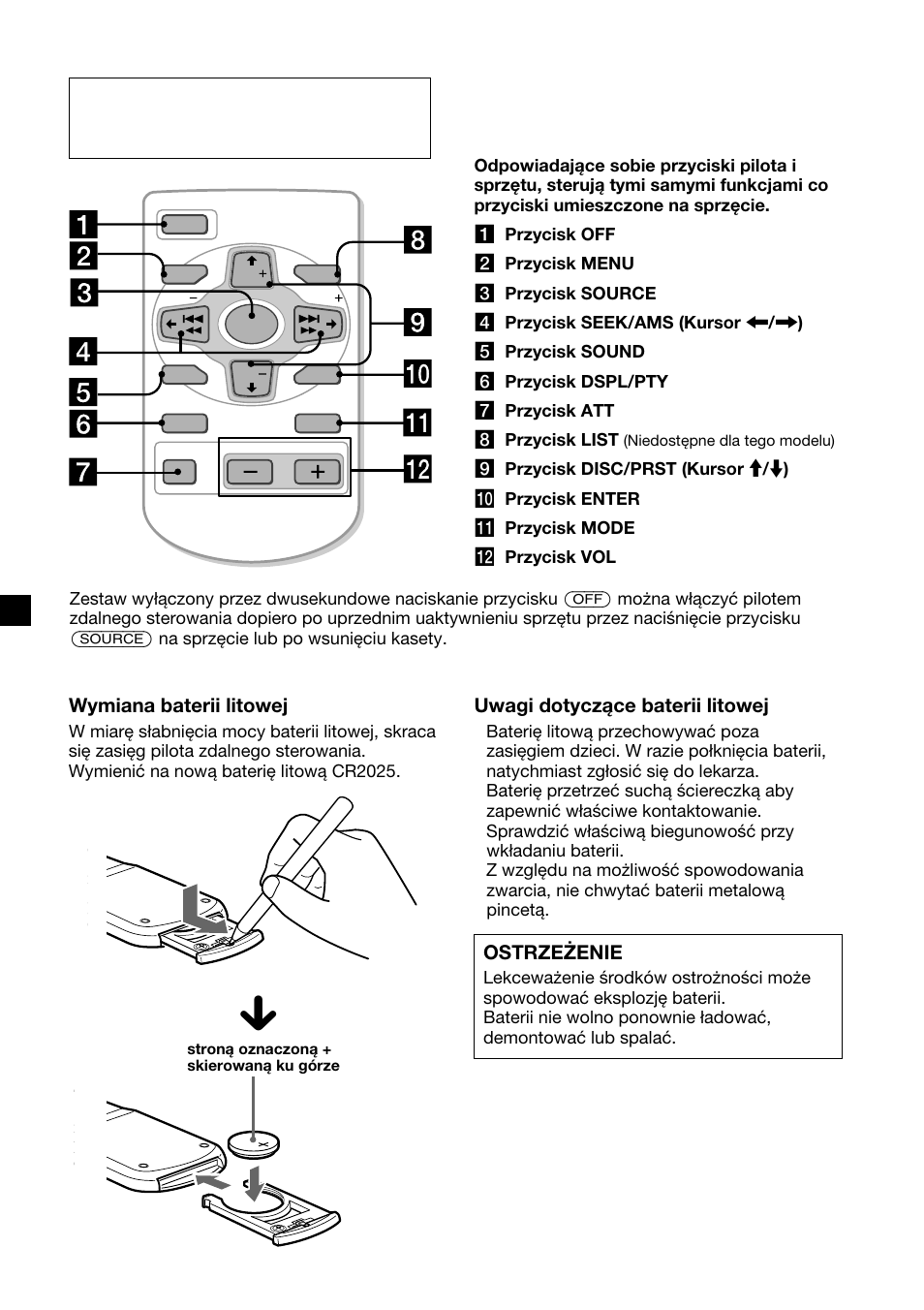 Opcjonalny pilot zdalnego sterowania rm-x91 | Sony XR-4200R User Manual | Page 66 / 152