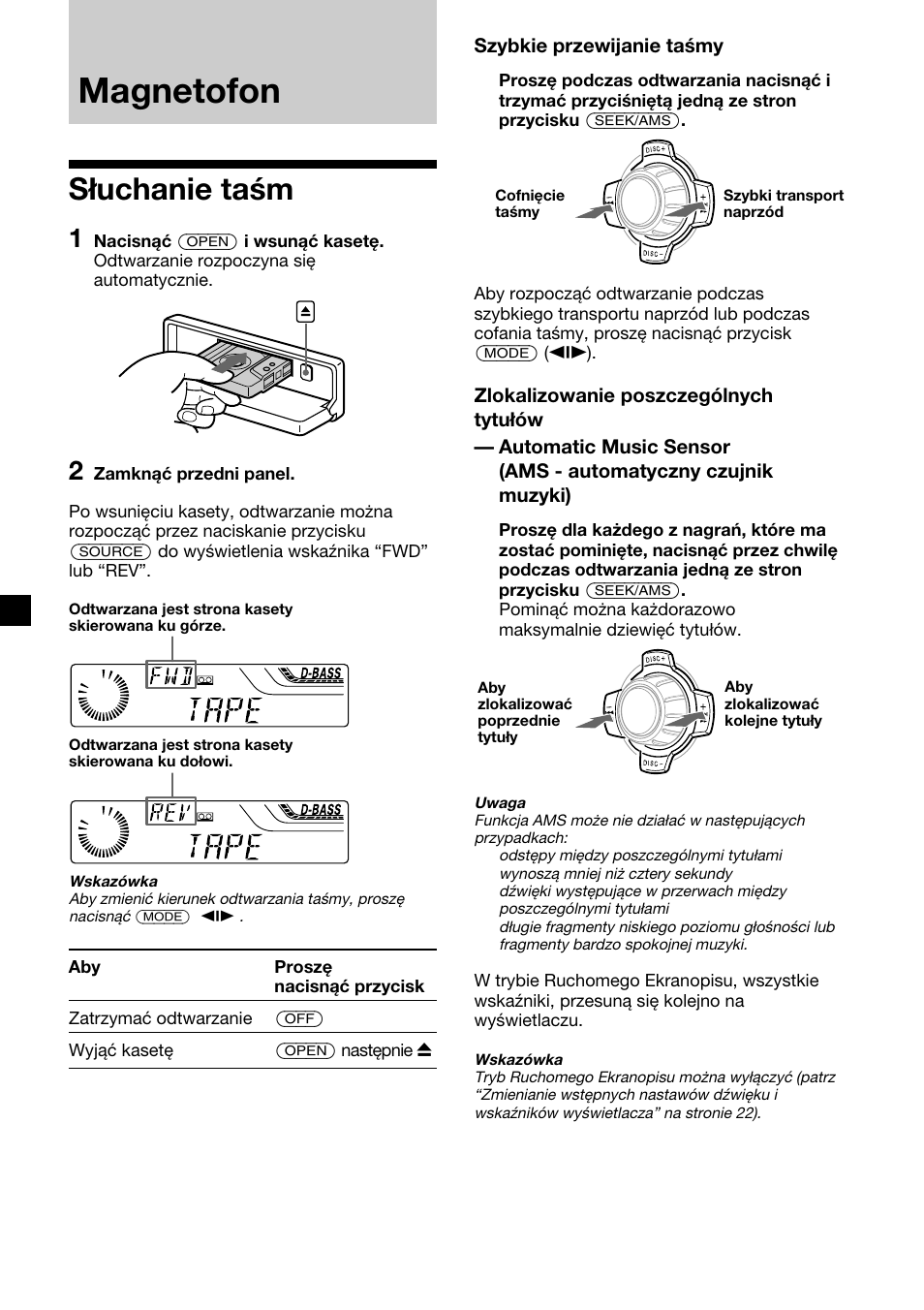 Magnetofon, Słuchanie taśm | Sony XR-4200R User Manual | Page 70 / 152