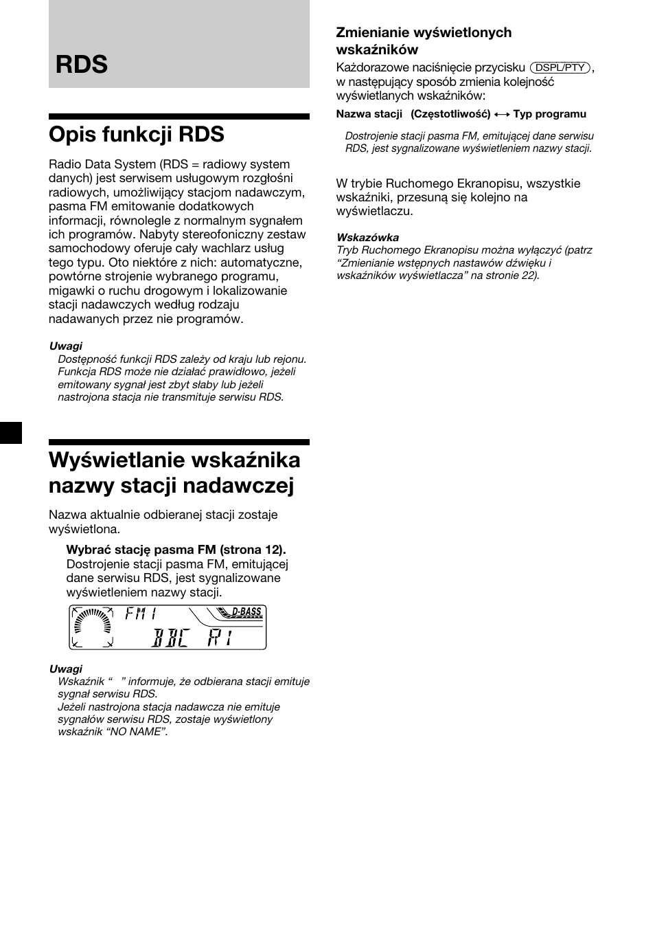 Opis funkcji rds, Wyświetlanie wskaźnika nazwy stacji nadawczej | Sony XR-4200R User Manual | Page 74 / 152