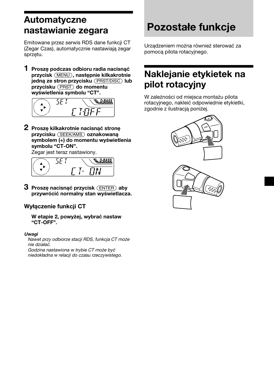 Pozostałe funkcje, 19 automatyczne nastawianie zegara, Naklejanie etykietek na pilot rotacyjny | Sony XR-4200R User Manual | Page 79 / 152