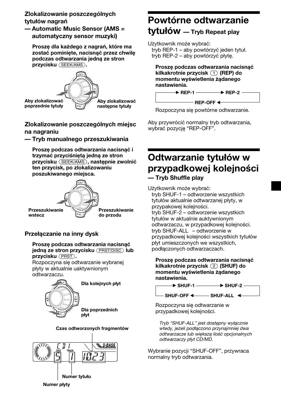 Powtórne odtwarzanie tytułów, Odtwarzanie tytułów w przypadkowej kolejności | Sony XR-4200R User Manual | Page 85 / 152