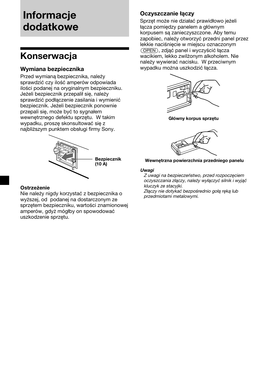 Informacje dodatkowe, Konserwacja | Sony XR-4200R User Manual | Page 86 / 152