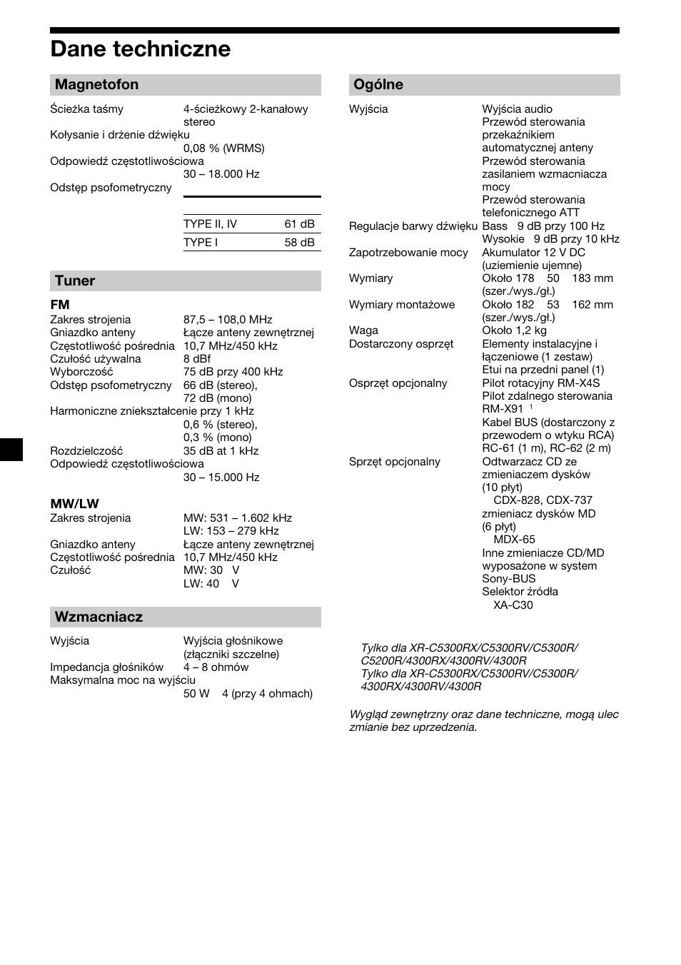 28 dane techniczne, Magnetofon, Tuner | Wzmacniacz, Ogólne | Sony XR-4200R User Manual | Page 88 / 152