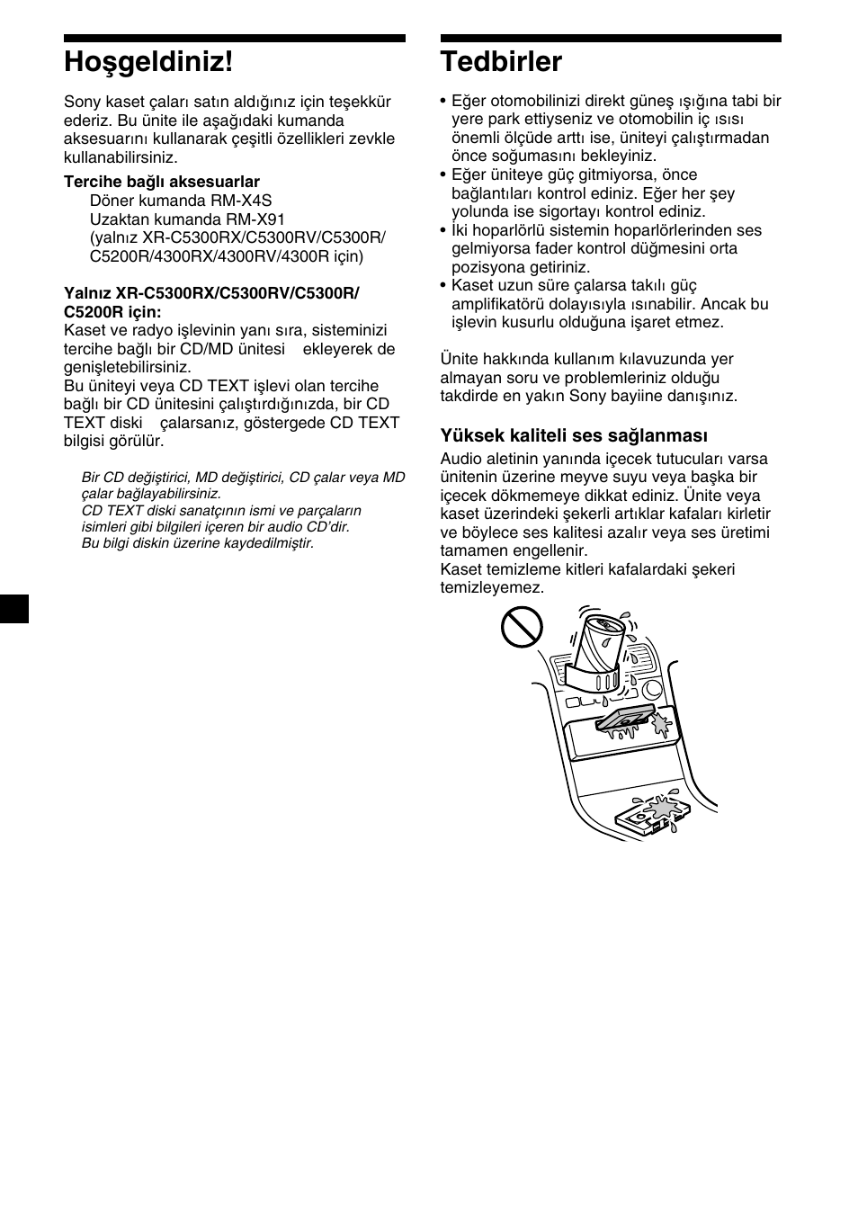 2hoşgeldiniz, Tedbirler | Sony XR-4200R User Manual | Page 92 / 152