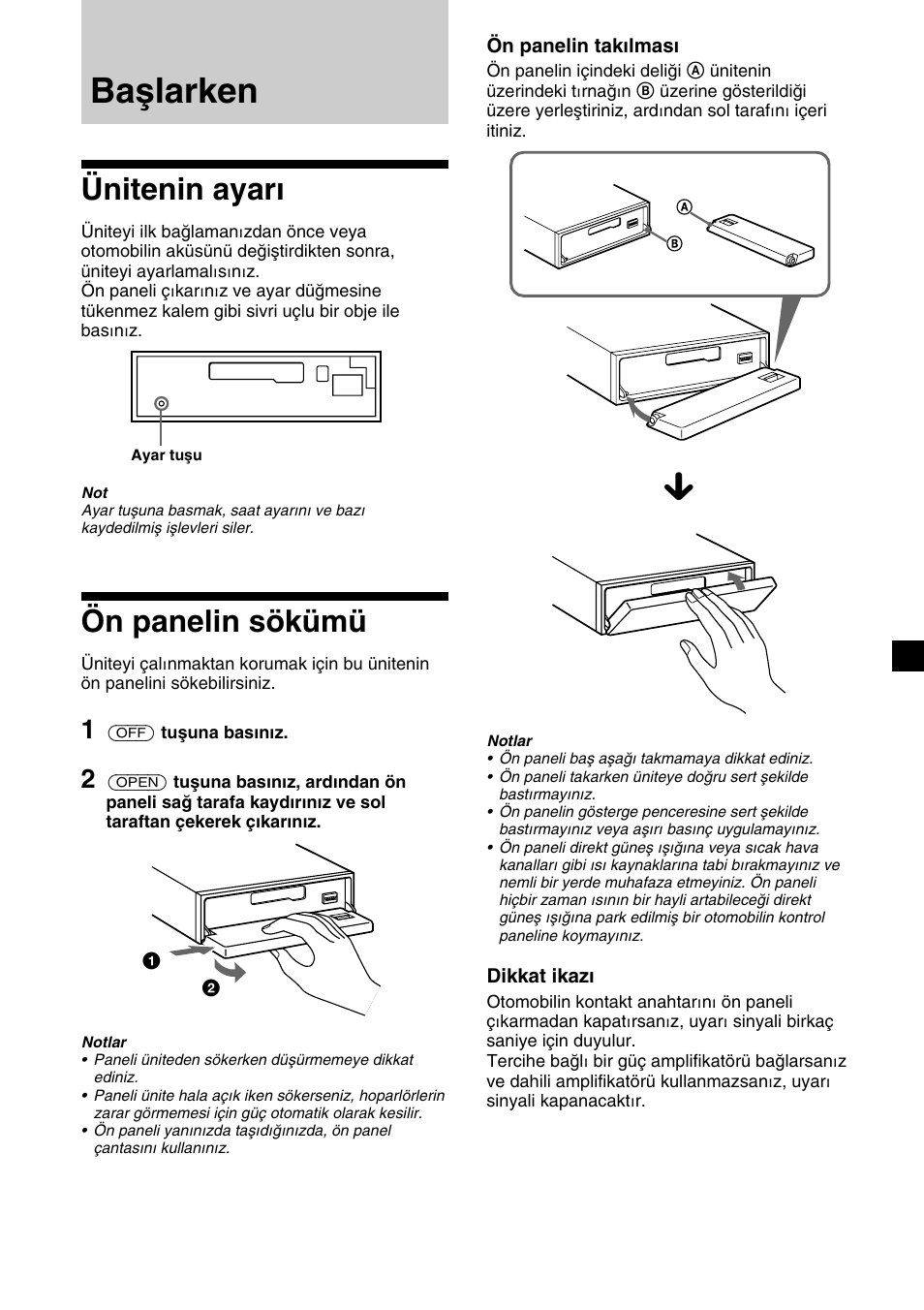 Başlarken, Ünitenin ayarı, Ön panelin sökümü | Sony XR-4200R User Manual | Page 97 / 152