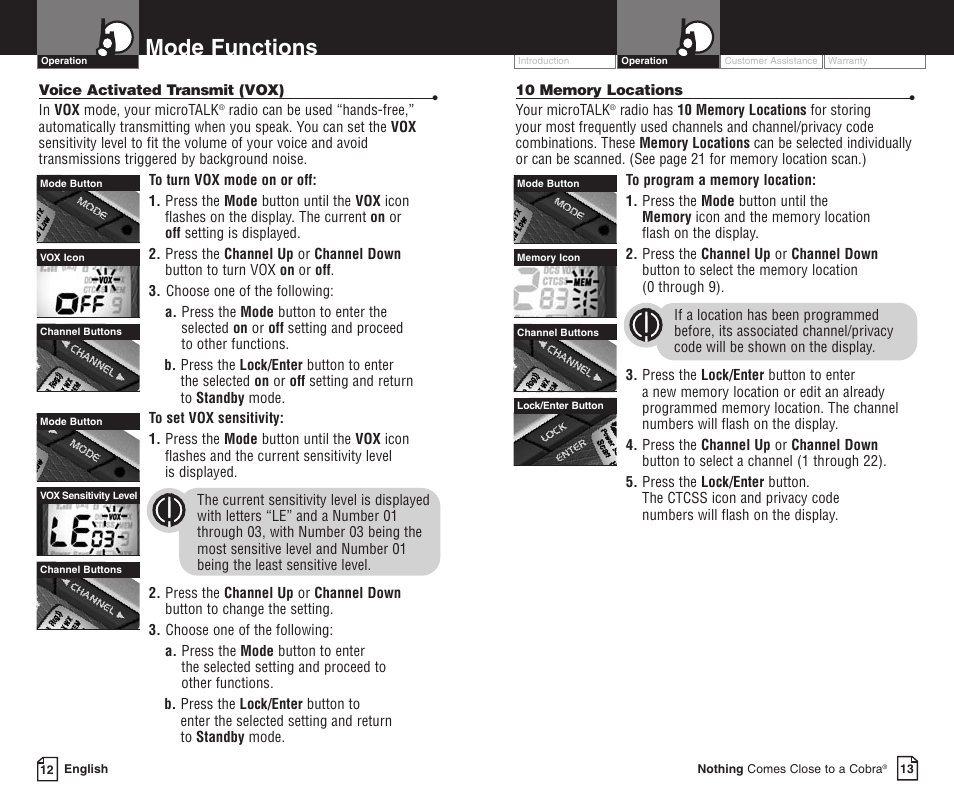 Mode functions | Cobra Electronics LI 6000WXC User Manual | Page 10 / 19