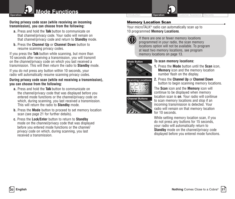 Mode functions | Cobra Electronics LI 6000WXC User Manual | Page 14 / 19