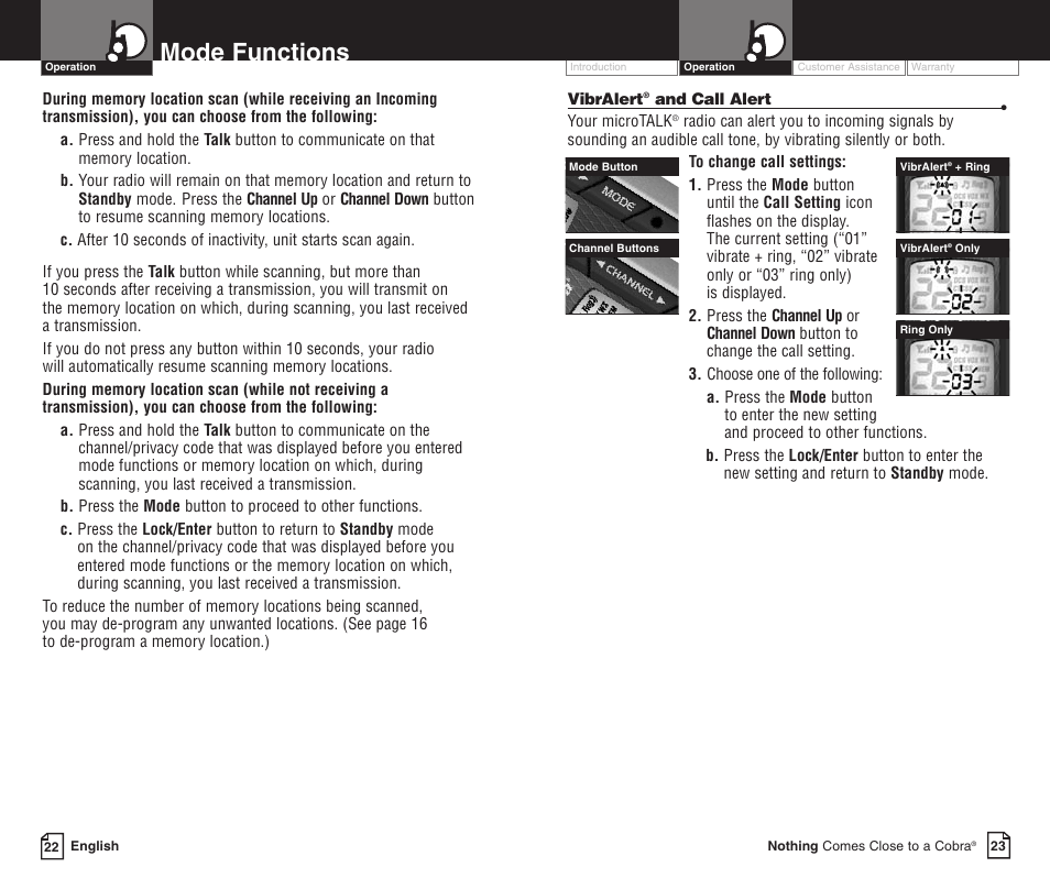 Mode functions | Cobra Electronics LI 6000WXC User Manual | Page 15 / 19
