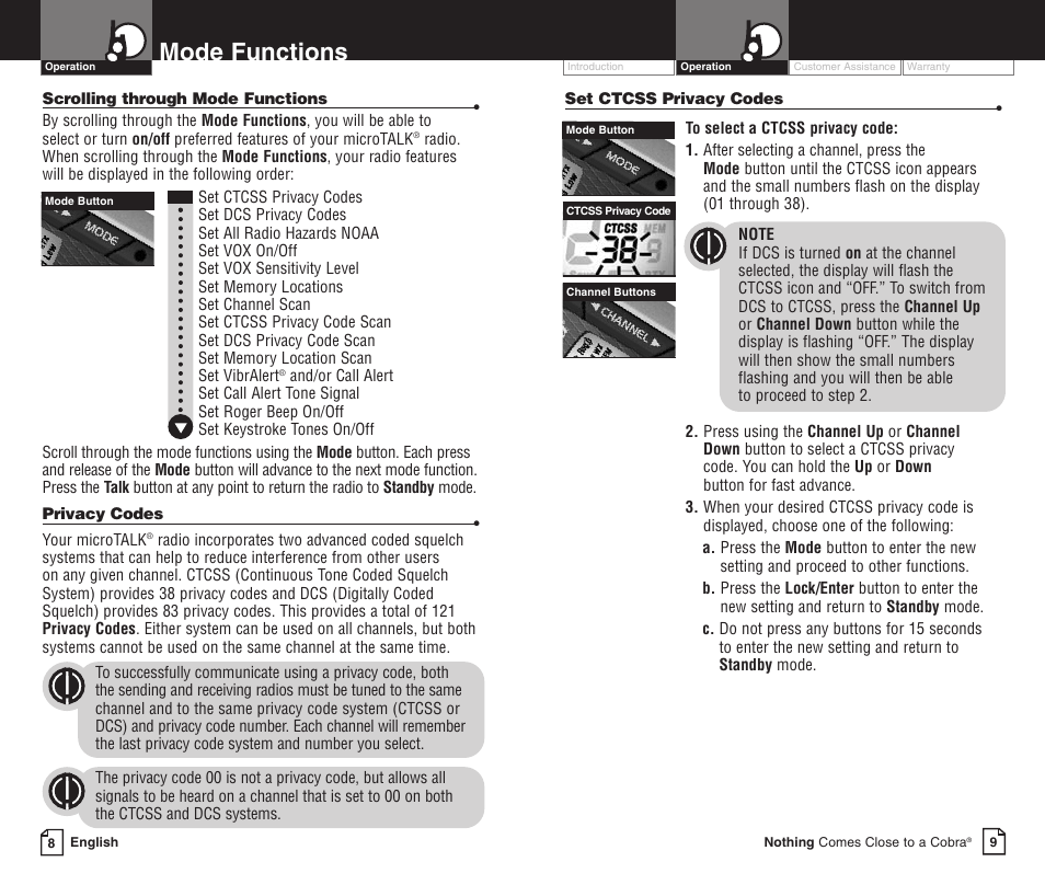 Mode functions | Cobra Electronics LI 6000WXC User Manual | Page 8 / 19