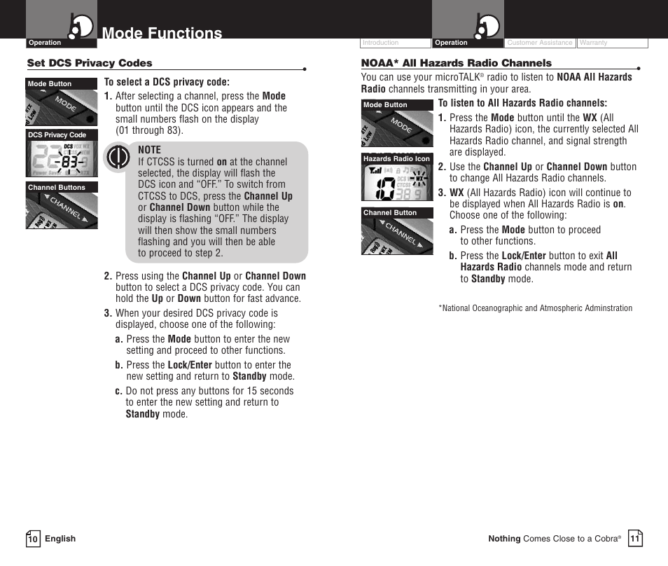 Mode functions | Cobra Electronics LI 6000WXC User Manual | Page 9 / 19