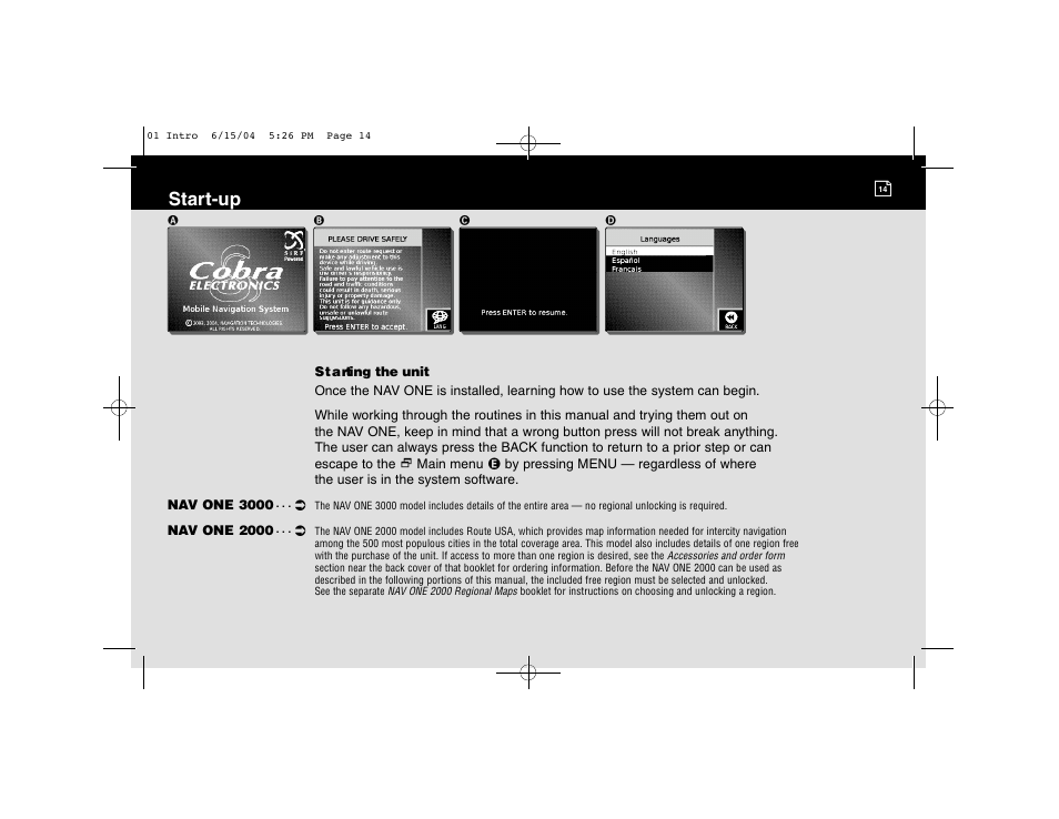 Start-up | Cobra Electronics 2000 User Manual | Page 15 / 105