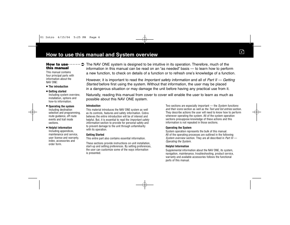 How to use this manual and system overview | Cobra Electronics 2000 User Manual | Page 7 / 105