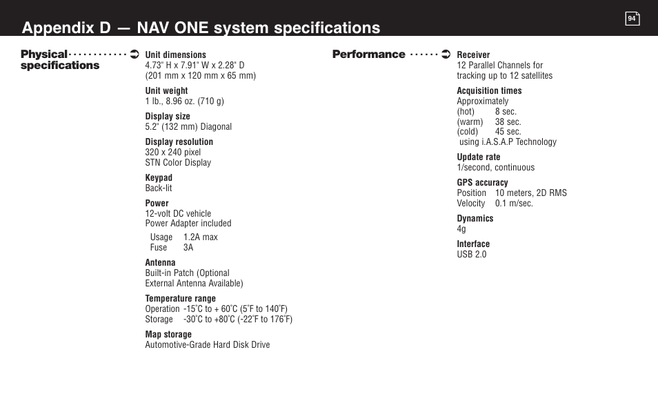 Appendix d — nav one system specifications | Cobra Electronics 2000 User Manual | Page 89 / 105