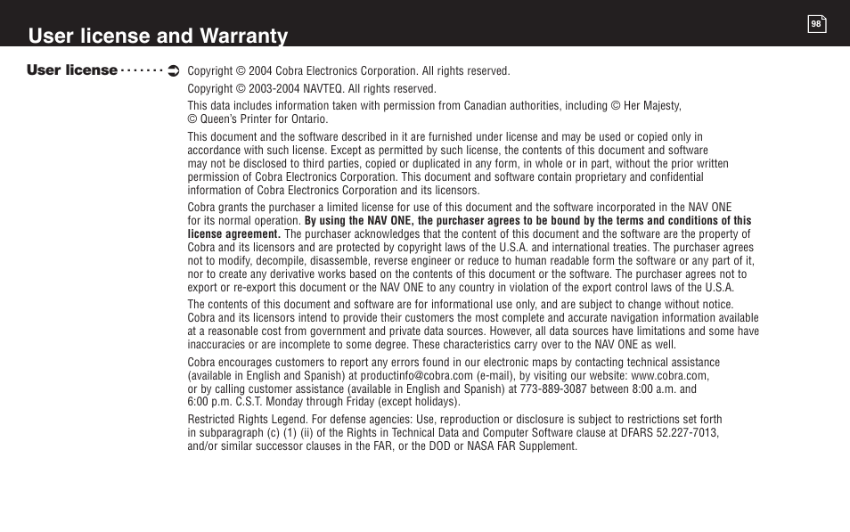 User license and warranty | Cobra Electronics 2000 User Manual | Page 93 / 105