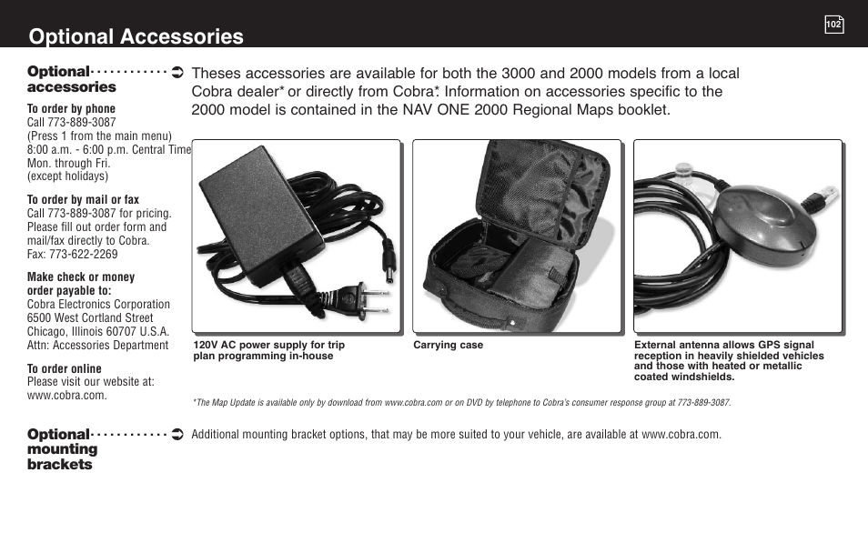 Ac power supply: 102, Accessories: 102, Ying case: 102 | Order form: 102, Start-up: 14, Optional accessories | Cobra Electronics 2000 User Manual | Page 97 / 105