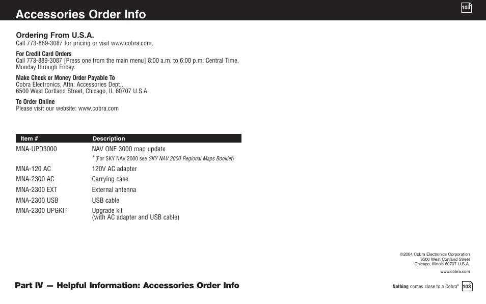 Accessories order info | Cobra Electronics 2000 User Manual | Page 98 / 105