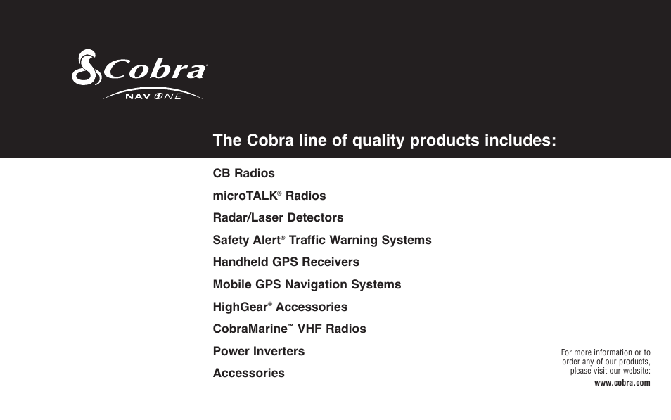 The cobra line of quality products includes | Cobra Electronics 2000 User Manual | Page 99 / 105