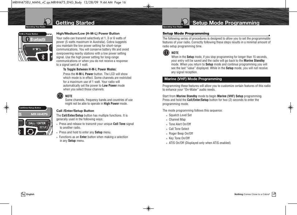 Setup mode programming, Getting started | Cobra Electronics MRHH475FLTBTEU User Manual | Page 11 / 33