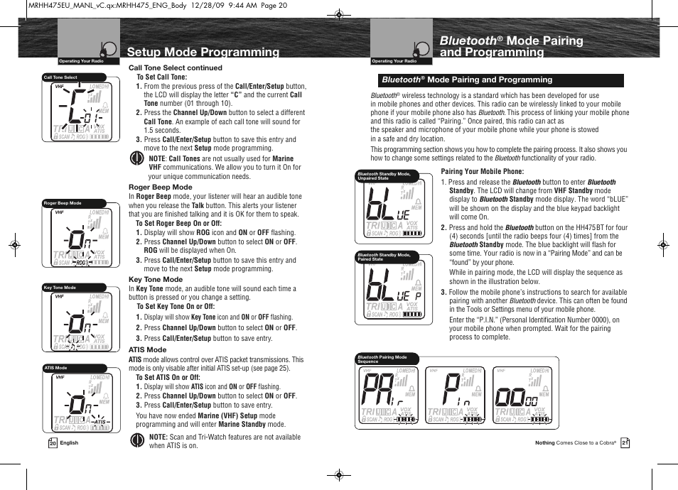 Setup mode programming, Bluetooth, Mode pairing and programming | Cobra Electronics MRHH475FLTBTEU User Manual | Page 13 / 33