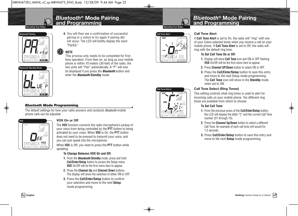 Bluetooth, Mode pairing and programming | Cobra Electronics MRHH475FLTBTEU User Manual | Page 14 / 33