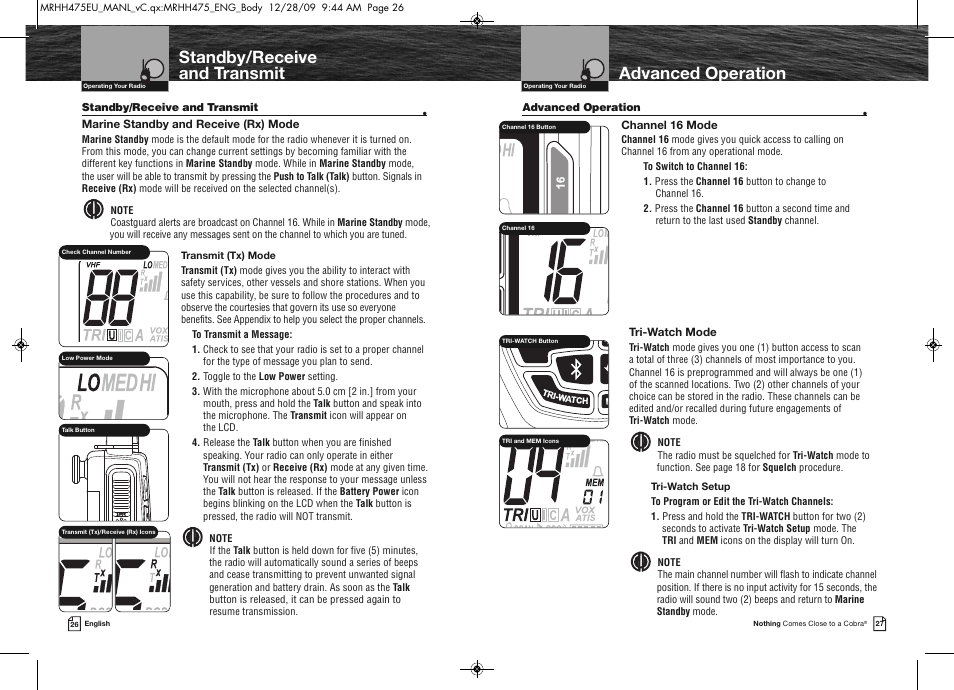 Standby/receive and transmit, Advanced operation | Cobra Electronics MRHH475FLTBTEU User Manual | Page 16 / 33