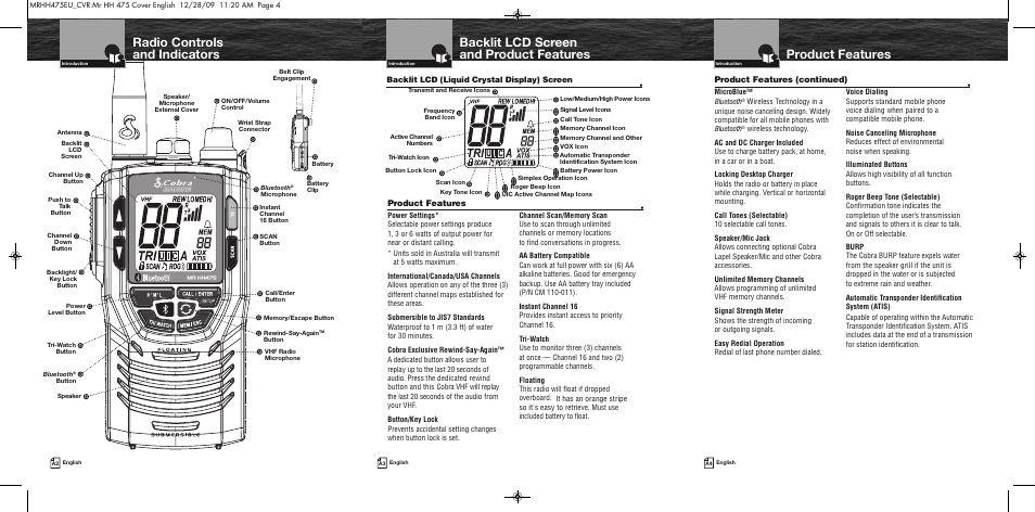 Backlit lcd screen and product features, Product features, Radio controls and indicators | Cobra Electronics MRHH475FLTBTEU User Manual | Page 2 / 33