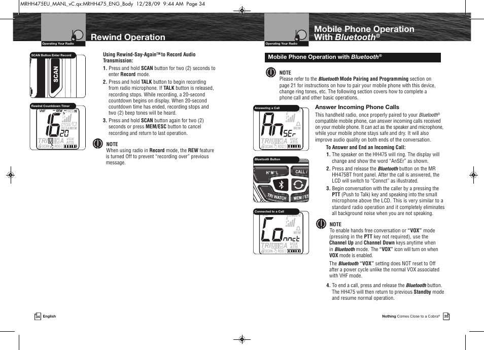 Mobile phone operation with bluetooth, Rewind operation | Cobra Electronics MRHH475FLTBTEU User Manual | Page 20 / 33