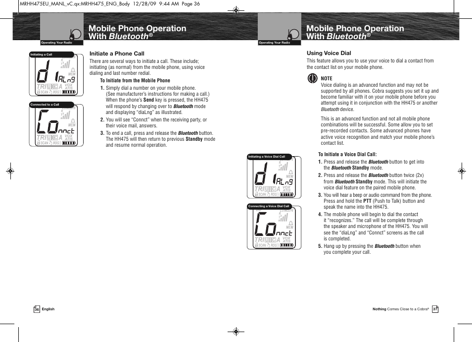 Mobile phone operation with bluetooth | Cobra Electronics MRHH475FLTBTEU User Manual | Page 21 / 33