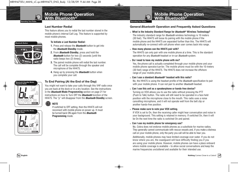 Mobile phone operation with bluetooth | Cobra Electronics MRHH475FLTBTEU User Manual | Page 22 / 33