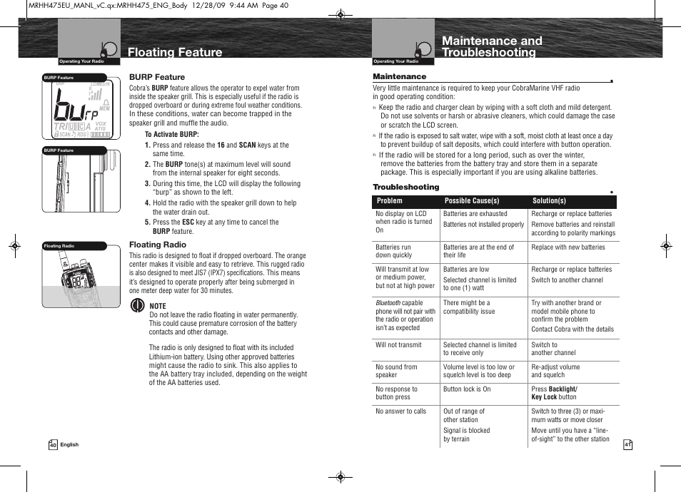 Maintenance and troubleshooting, Floating feature | Cobra Electronics MRHH475FLTBTEU User Manual | Page 23 / 33