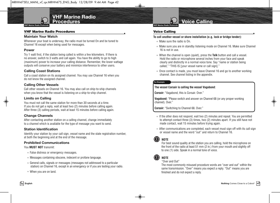 Voice calling, Vhf marine radio procedures | Cobra Electronics MRHH475FLTBTEU User Manual | Page 24 / 33