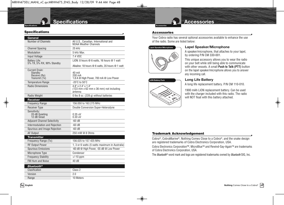 Accessories, Specifications | Cobra Electronics MRHH475FLTBTEU User Manual | Page 27 / 33