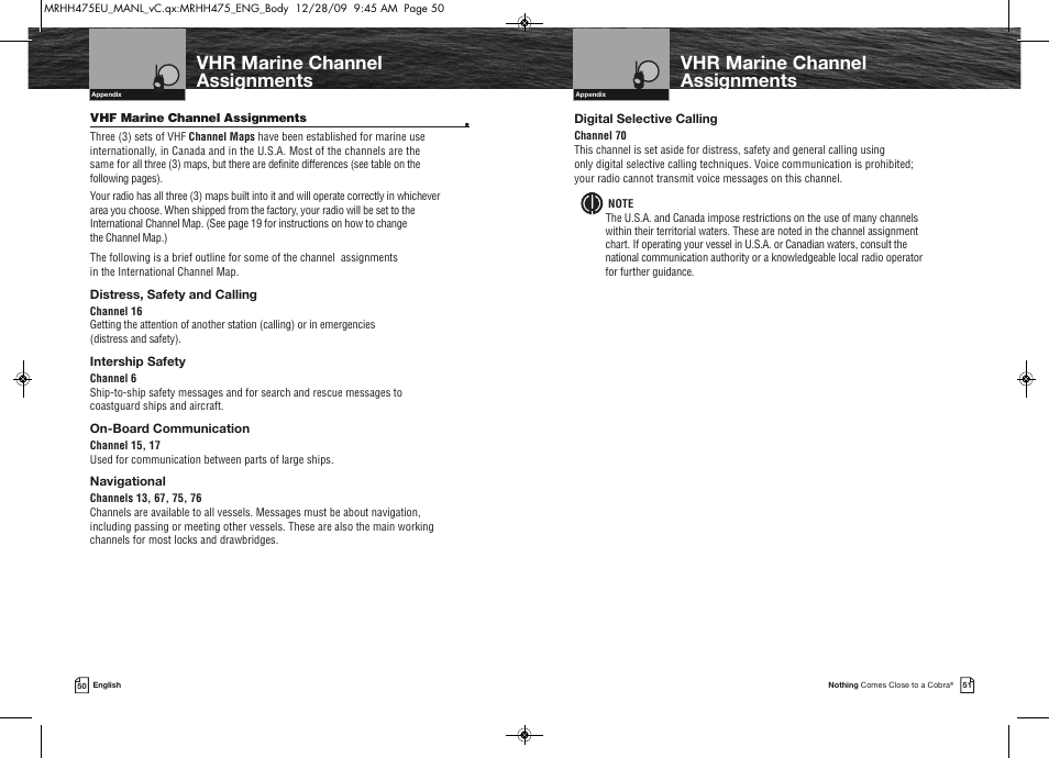 Vhr marine channel assignments | Cobra Electronics MRHH475FLTBTEU User Manual | Page 28 / 33