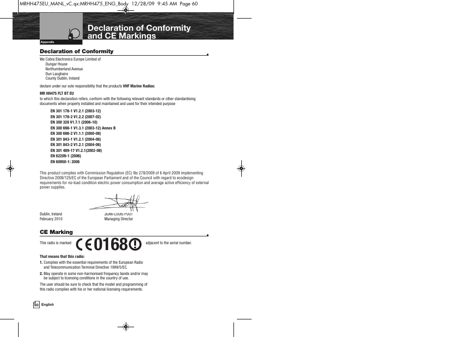 Declaration of conformity and ce markings | Cobra Electronics MRHH475FLTBTEU User Manual | Page 33 / 33