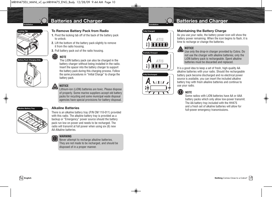 Batteries and charger, Maintaining the battery charge, Alkaline batteries | Cobra Electronics MRHH475FLTBTEU User Manual | Page 8 / 33