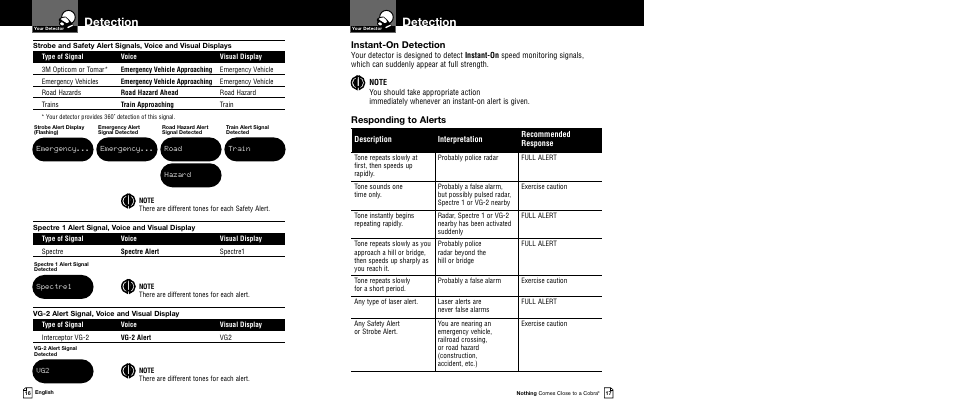Detection, Instant-on detection, Responding to alerts | Cobra Electronics XRS 9540 User Manual | Page 11 / 15
