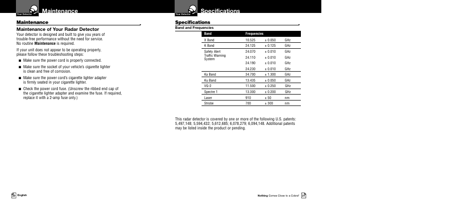 Specifications, Maintenance, Maintenance of your radar detector | Cobra Electronics XRS 9540 User Manual | Page 13 / 15