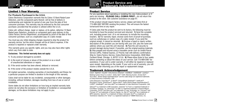 Product service and trademark acknowledgement, Warranty, Limited 1-year warranty | Product service, Trademark acknowledgement | Cobra Electronics XRS 9540 User Manual | Page 14 / 15
