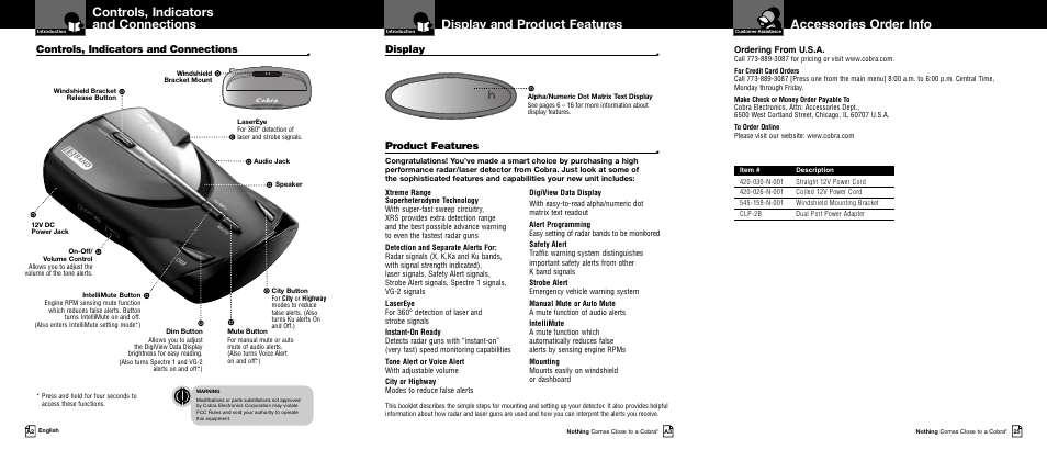 Important information and customer assistance, Accessories order info, Display and product features | Hcontrols, indicators and connections, Product features, Display, Controls, indicators and connections | Cobra Electronics XRS 9540 User Manual | Page 2 / 15