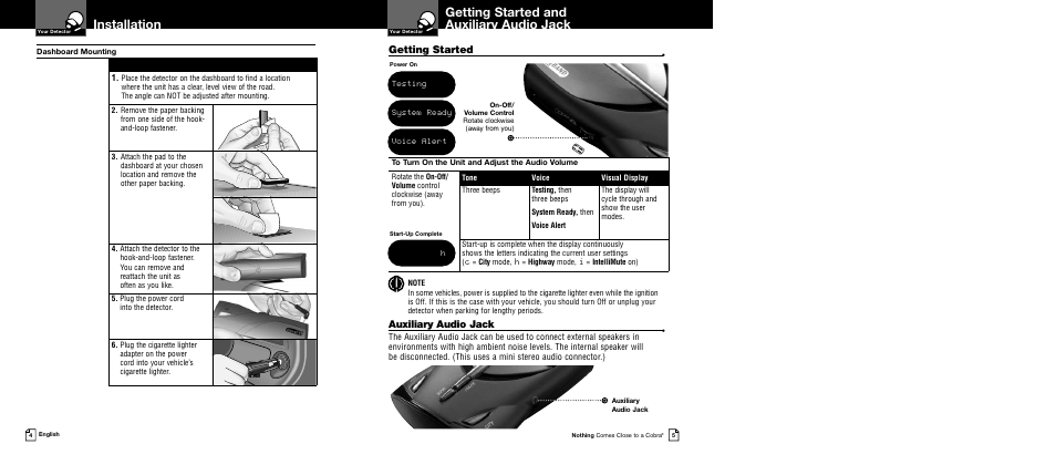 Getting started and auxiliary audio jack, Installation, Getting started | Auxiliary audio jack | Cobra Electronics XRS 9540 User Manual | Page 5 / 15
