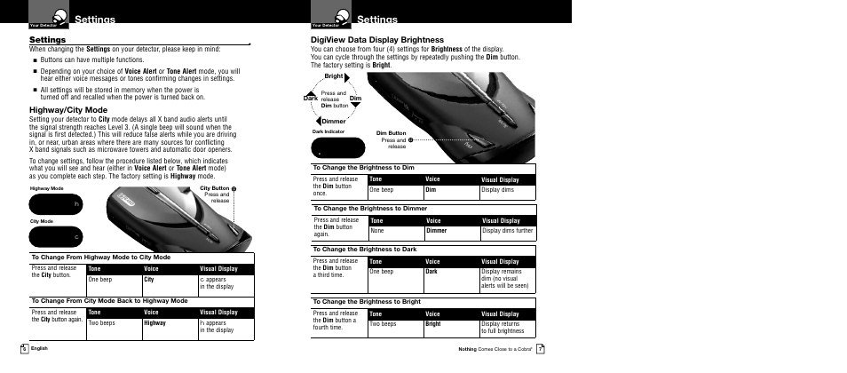 Settings, Highway/city mode, Digiview data display brightness | Cobra Electronics XRS 9540 User Manual | Page 6 / 15